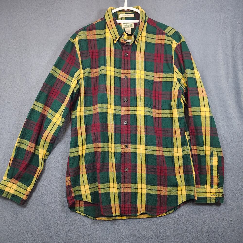 LL Bean Mens Shirt Medium Scotch Plaid Flannel Slightly Fitted Green Yellow
